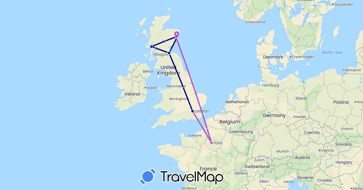 TravelMap itinerary: driving, train in France, United Kingdom (Europe)